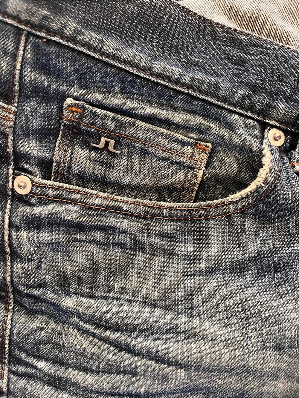 J.Lindeberg Men's Distressed Blue Denim Jeans with Signature JL Pocket Pin